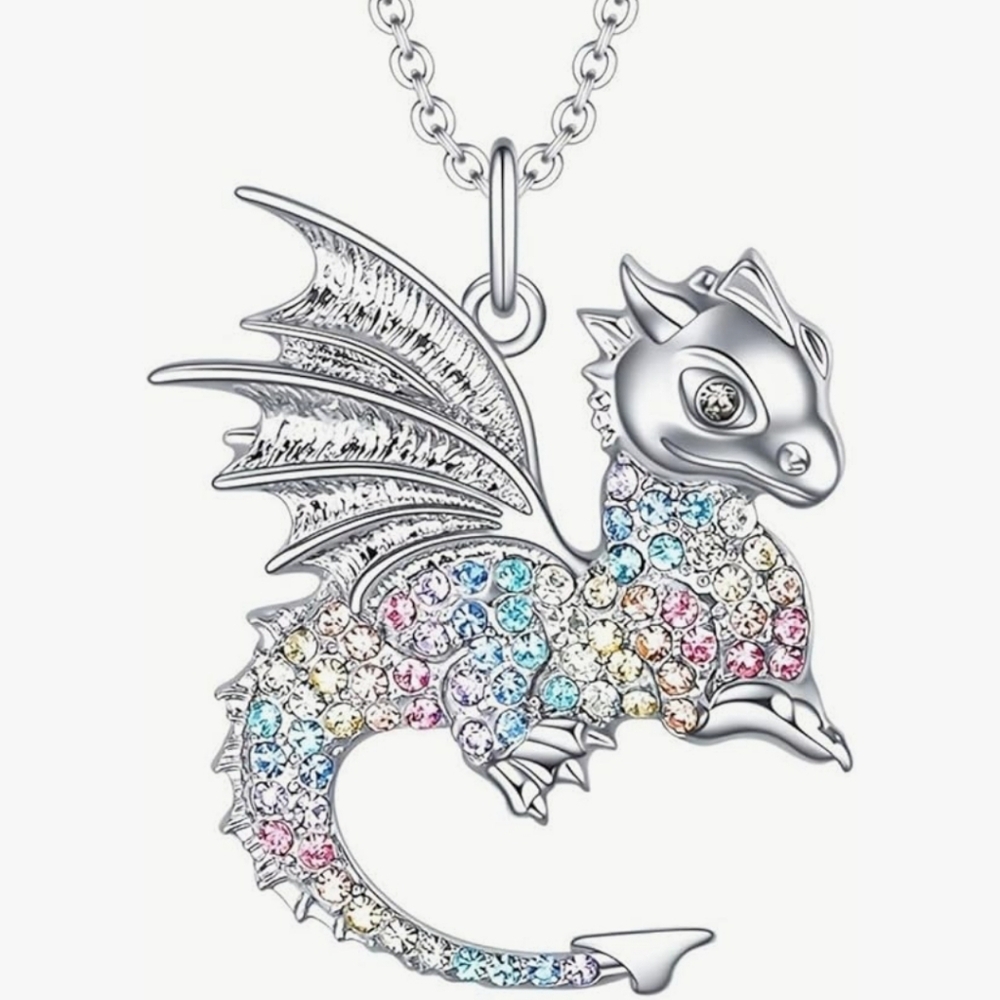 Colorful Crystal Fly Dragon Pendant Necklace for Women Cute Alloy Dragon Animal - Picture 5 of 5